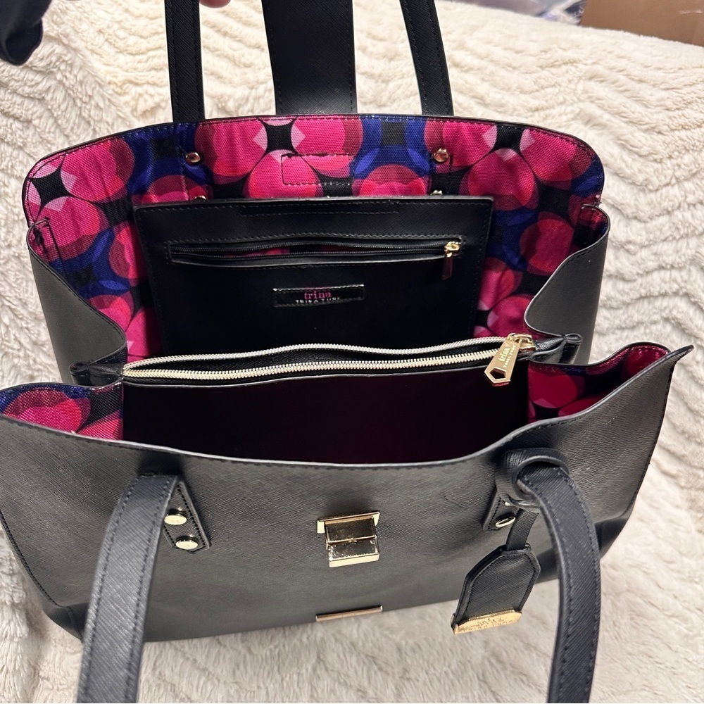 Trina Turk Black Vegan Shoulder Bag with Pink Interior